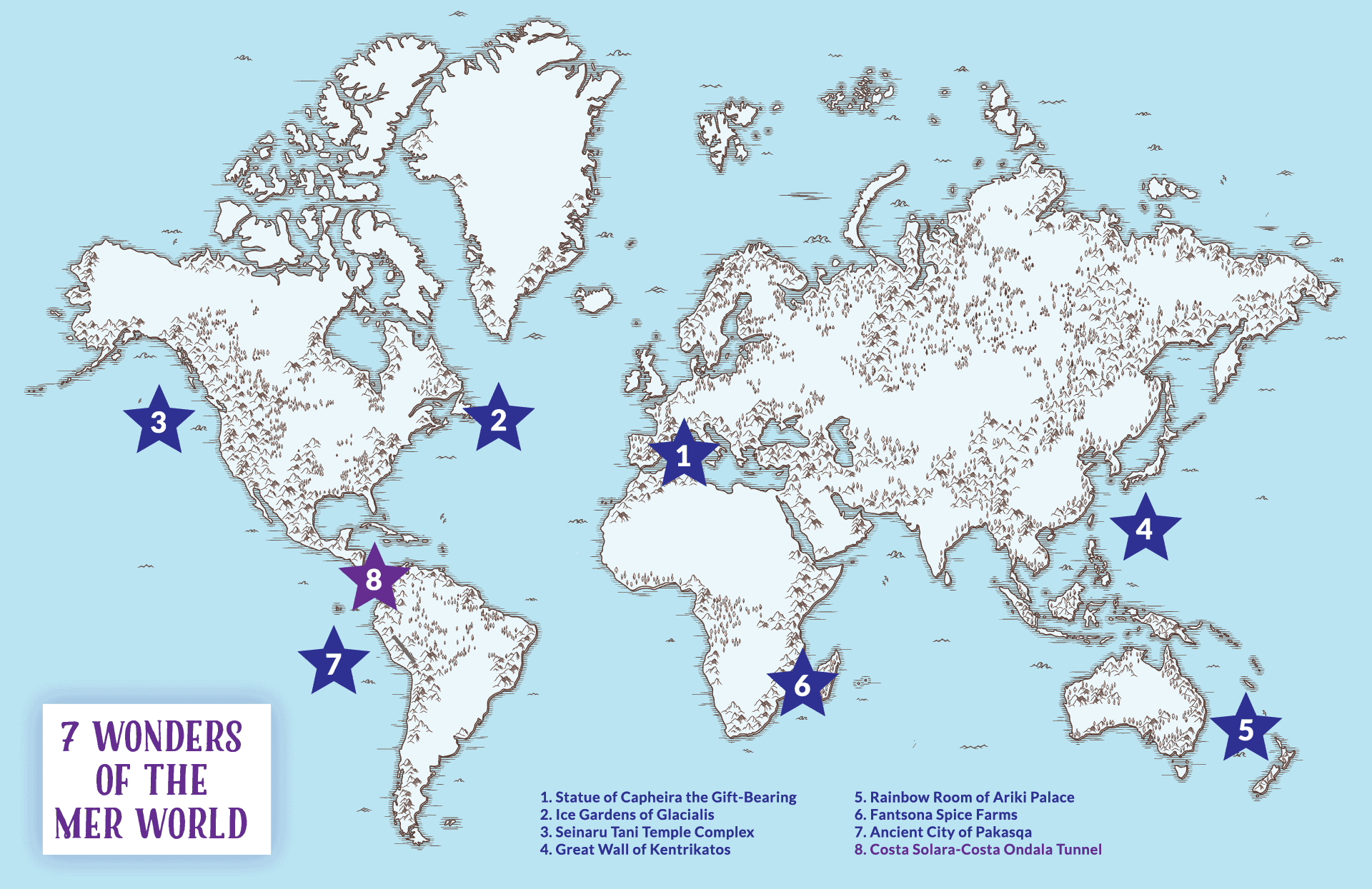 Map of the world, showing the approximate location of the 7 Wonders of the Mer World.