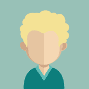 A cartoon avatar of Calix Aigophagos with blond curly hair and wearing a turquoise v-neck sweater..