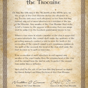The Trocaire Document, signed by the king and queen of the Moraine.