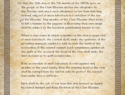 The Trocaire Document, signed by the king and queen of the Moraine.