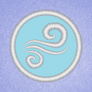 Image showing an embroidered patch with a light blue background, a white border, and three white swirls meant to represent wind.