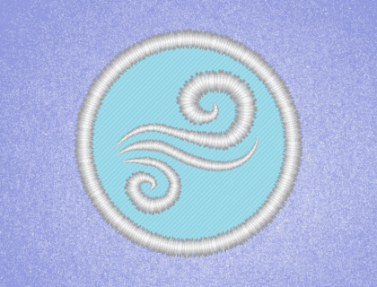 Image showing an embroidered patch with a light blue background, a white border, and three white swirls meant to represent wind.