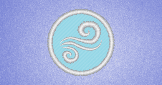 Image showing an embroidered patch with a light blue background, a white border, and three white swirls meant to represent wind.