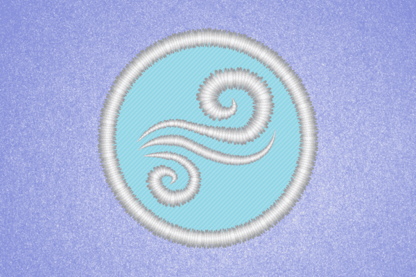 Image showing an embroidered patch with a light blue background, a white border, and three white swirls meant to represent wind.