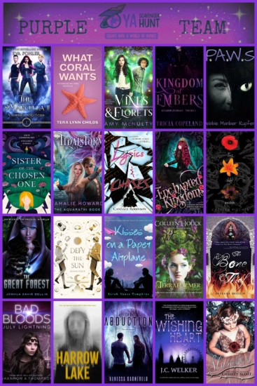 Promo graphic showing the book covers for the purple team of the Fall 2020 YA Scavenger Hunt.