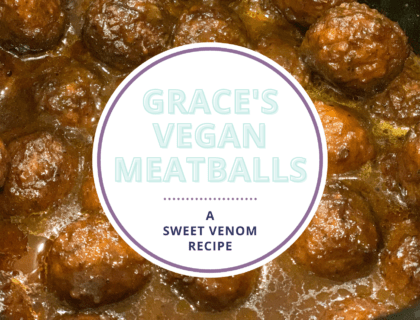 Blog graphic for Grace's Vegan Meatballs, showing the title displayed over a picture of the finished meatballs.