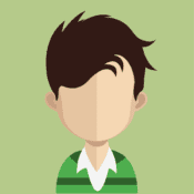 A cartoon avatar of Griffin Blake with wavy dark hair and wearing a green striped rugby shirt.