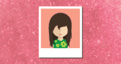 Cartoon avatar of a female with long brown hair, wearing a green top with light green flowers.