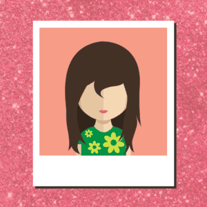 Cartoon avatar of a female with long brown hair, wearing a green top with light green flowers.