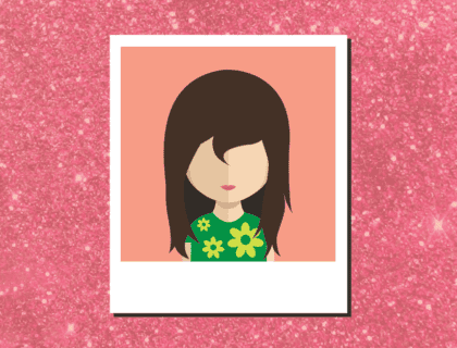 Cartoon avatar of a female with long brown hair, wearing a green top with light green flowers.