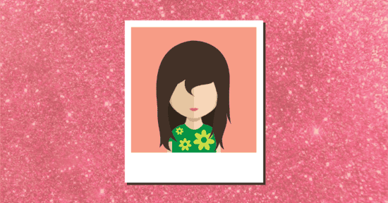 Cartoon avatar of a female with long brown hair, wearing a green top with light green flowers.