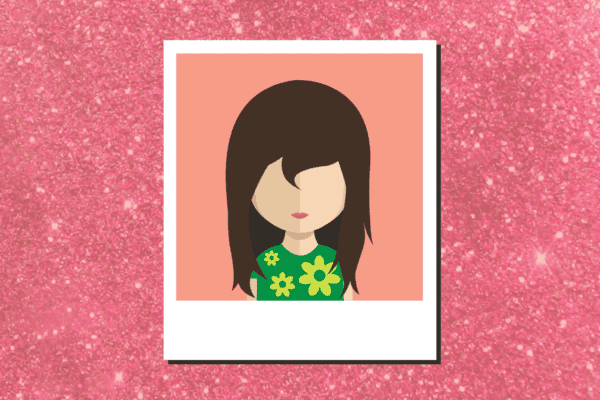 Cartoon avatar of a female with long brown hair, wearing a green top with light green flowers.