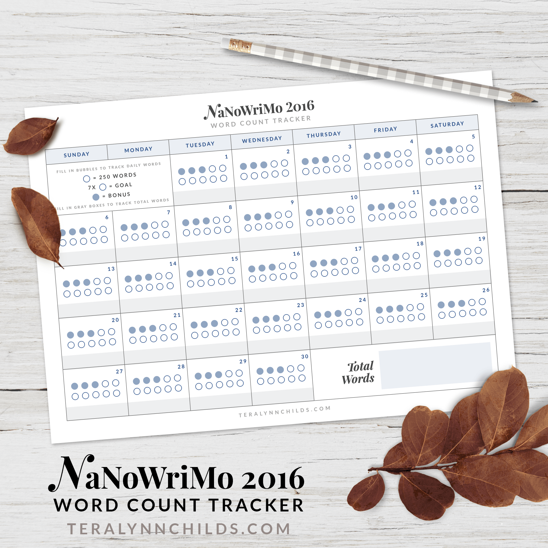 Free printable NaNoWriMo 2016 Word Count Tracker from Tera Lynn Childs.