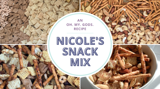 Nicole's Snack Mix header image, depicting four stages of the recipe: plain cereal, cereal with nuts and pretzel sticks, and finished snack mix.