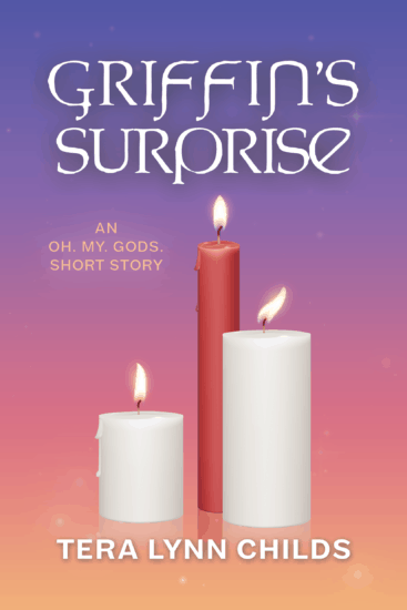 Cover of Griffin's Surprise, an Oh. My. Gods. short story, with three burning candles against a sunset background.