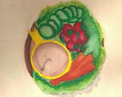 Watercolor painting of a plate of sliced cucumbers, chopped vegetables, and a mug of tea or coffee.