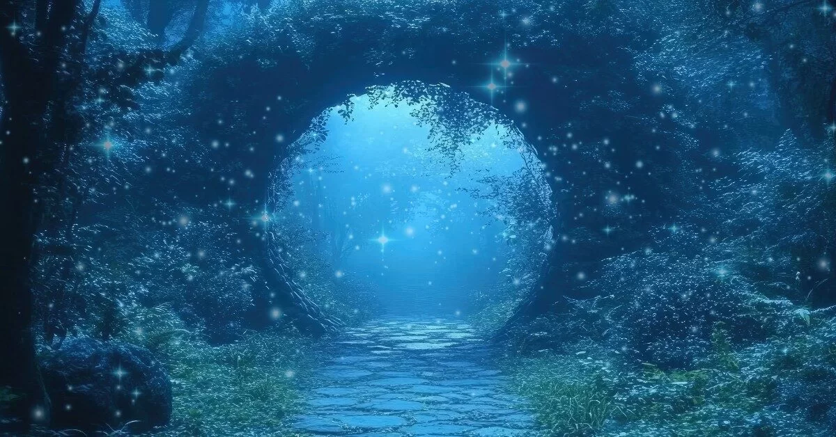 A glowing circular portal of light opens in the middle of a shadowy, blue-lit forest path, surrounded by sparkling mist—suggesting a gateway into the fae realm.